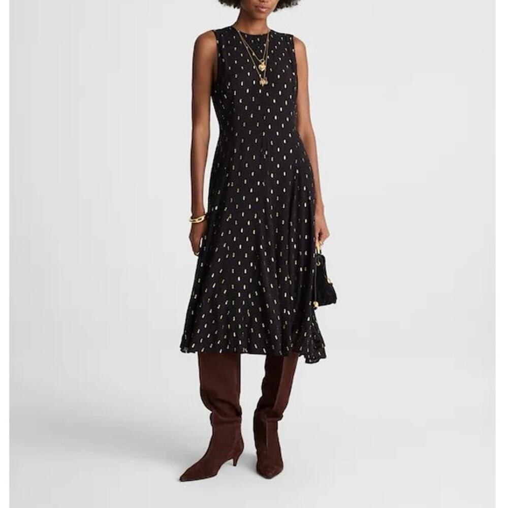 NWOT Madewell Sleeveless Flared Metallic Dot Midi Dress Crinkle Viscose Size 10